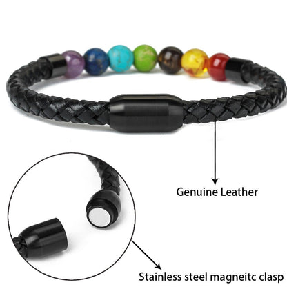 Ckysee 7 Chakra Real Stone Healing Bracelet Genuine Leather Braided with Magnetic Clasp Mens Best Gift Jewelry 8.5"
