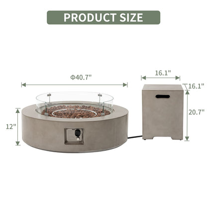 COSIEST 2-Piece Outdoor Propane Firepit Table Set w Tank Table, 42" Fire Table Certified, 50,000 BTU w Gray Round Base,Wind Guard and 16 inches Tank Side Table 20lb for Garden,Pool