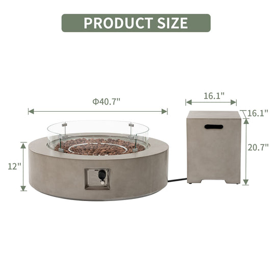 COSIEST 2-Piece Outdoor Propane Firepit Table Set w Tank Table, 42" Fire Table Certified, 50,000 BTU w Gray Round Base,Wind Guard and 16 inches Tank Side Table 20lb for Garden,Pool