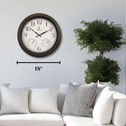 18 inch Outdoor Clocks for Patio Large Waterproof with Thermometer - Black Indoor Outdoor Clock with Temperature and Humidity for Wall - Weatherproof, Accurate & Easy to Read for Pool, Patio & Garden