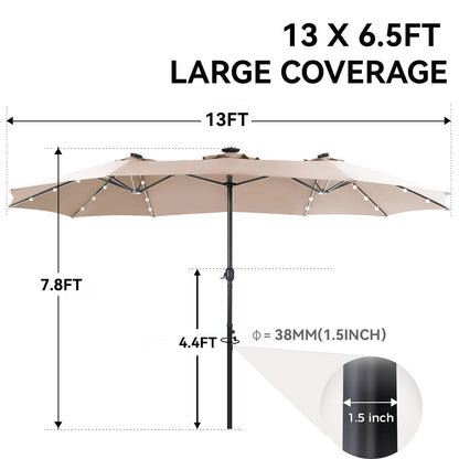 GREEN PARTY 13 ft Rectangle Patio Umbrella with Solar Lights, Double-Sided Market Table Umbrella with Crank, Large Outdoor Umbrellas for Patio Poolside Garden Backyard, Beige