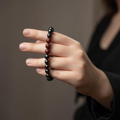 Karelian Heritage Black Shungite Beaded Bracelet, 8mm Handmade Stretchy Unisex, Crystal Healing Authentic Stone, Spiritual Chakra Balance Jewelry (Shungite & Red Jasper)