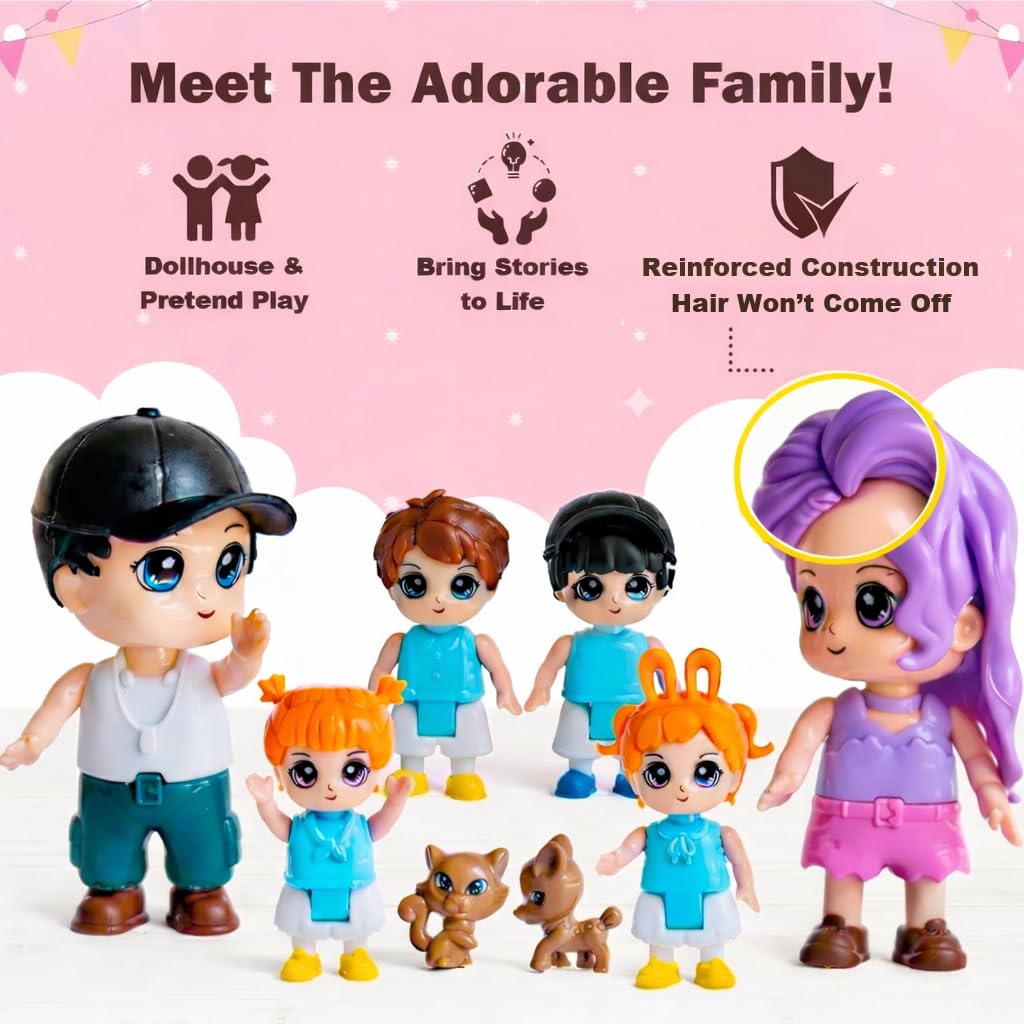 FUNERICA Dollhouse Family Figures & Pets – Poseable Family Dolls Playset – Miniature Dollhouse People for Doll House Accessories - Compatible with 1:12 & 1:24 Scale Wooden and Plastic Dollhouses