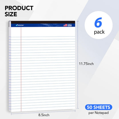6 Pack Legal Note Pads Wide Ruled 8.5" x 11" Writing Pads (50 Sheets/Pad) White Recycled Paper Micro-Perforated Notepad Hard Back Notepads for Office & School Supplies - Made in USA