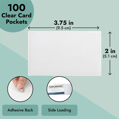 Juvale Business Card Holder Sleeves - Secure Adhesive Pockets - Index Card Holder for Notes - Storage Bin Labels & Clear Pocket Sleeves - Clear Plastic, 3.75 x 2 in, Pack of 100