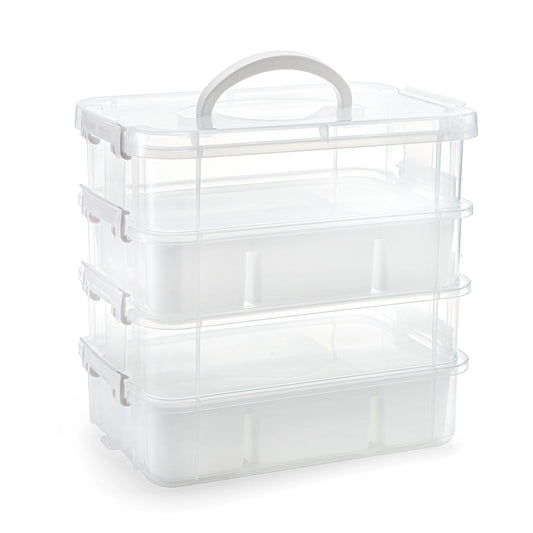 Foraineam 4-Tier Clear Storage Bins With 2 Divided Trays, Stackable Carry Storage Box Container, Plastic Lidded Organizer Case With Handle for Beads, Tools, Arts & Crafts, Sewing, Office Supplies