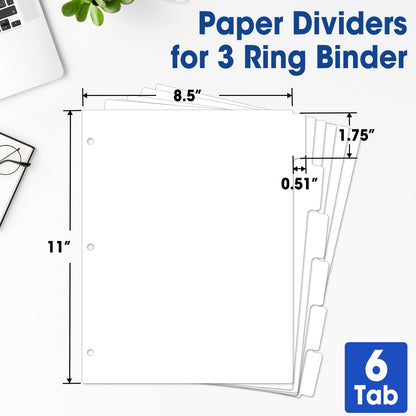 204 Pcs Binder Dividers with Tabs, 1/6 Cut Tabs, Dividers for 3 Ring Binder, Blank Write On Binder Dividers in 6 Tab Sets, Letter Size, 204 Dividers, 34 Sets, White