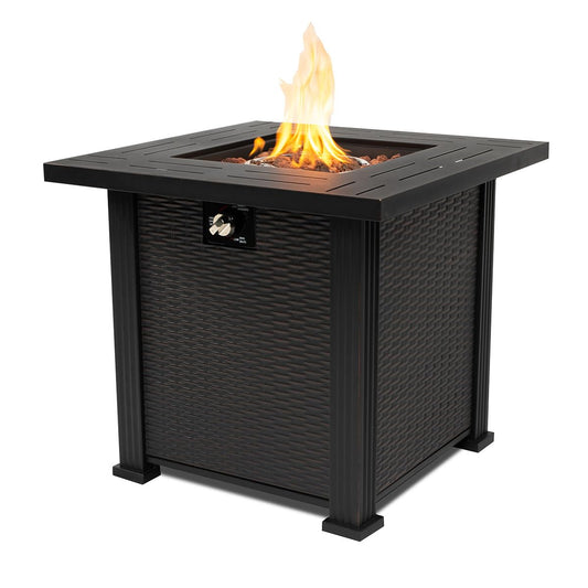 AJ Enjoy 28'' Propane Fire Pit Table, 50,000 BTU Fire Table with Steel Lid, Big Legs, Laval Rocks.