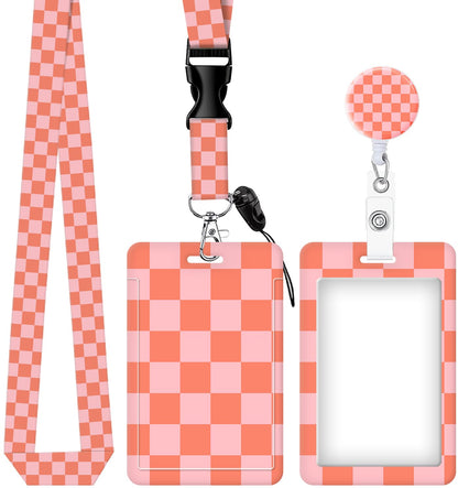 ID Badge Holder with Retractable and Detachable Lanyard, Cute Badge Reel Breakaway Lanyard with Carabiner Clip for Teachers, Nurses, Perfect Work and Office(Pink Red Checkerboard)
