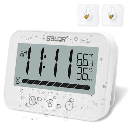 Rohome Waterproof Wall Hanging Timer Bathroom Clock, Large Digital Shower Mirror Suction Clock Thermometer Hygrometer, Visual Kitchen Cooking Countdown Timer, Bath Temperature Humidity Meter (White)