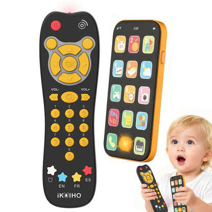 Baby Phone TV Remote Toy Set, Bilingual Play Phones Toy Remote for Baby with Music Light for 6+ Months, Early Learning Baby Toys Gift for 1 Year Old Boys Girls Toddler Infant, English/Spanish, Orange