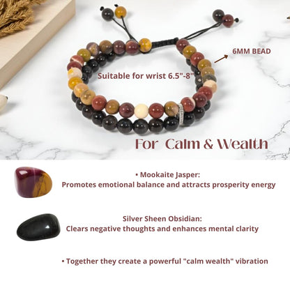 Atminafays 6MM Stackable Healing Bracelet - Mookaite Jasper & Silver Sheen Obsidian Beads for Peace, Prosperity & Positive Energy | Adjustable Handwoven Cord | Boho Chic Spiritual Jewelry,Thanksgiving gift