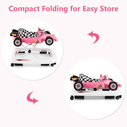 INFANS Foldable Baby Walker, 3 in 1 Toddler Activity Center Leaning-Seated Walk-Behind with Steering Wheel, Adjustable Height, Lights, Music, Washable Seat Cushion (Pink)
