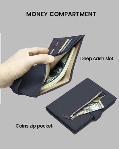 Karmiir RFID Passport Holder Travel Wallet for Women, Leather Passport Cover Wallet with Card Holders SIM Slots,Zippered Coins Pocket and Cash Slot Slim Compact Travel Wallet (Blue Black)