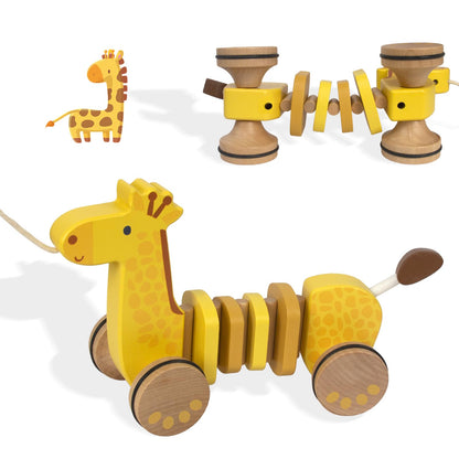 WoodenEdu Baby Toys Car,Wooden Pull Along Toddler Toy, Developmental Toy for 1 Year Old Girl Boy Birthday Gift (Giraffe)