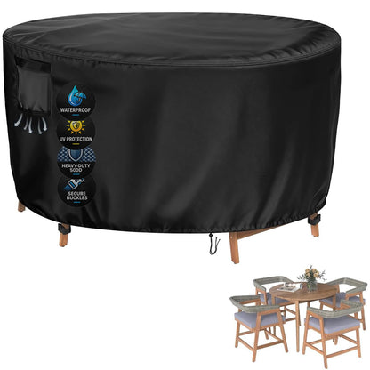 Vercome Heavy Duty Round Patio Dining Table Cover, 60 Inch Waterproof Outdoor Furniture Cover for Large Round Table and Chair Sets (Black, 60"DIAx36"H)