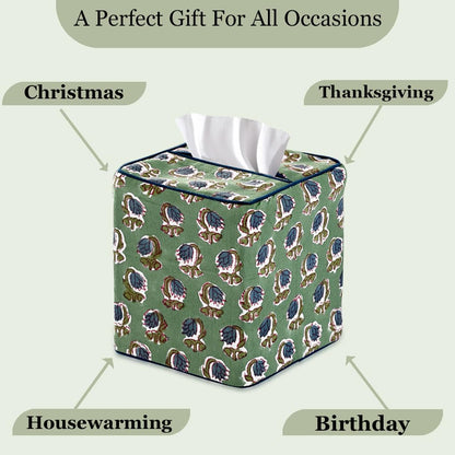 Ridhi Basil Green Block Print Tissue Box Cover Handmade Cotton Fabric Decorative Square Napkin Holder for Home Bedroom Living Room Bathroom Vanity Countertop Car Night Stands Office Kitchen