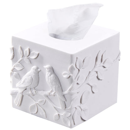 White Marble Relief Birds Square Tissue Box Cover Decorative,Resin Heavy Sturdy Tissue Box Holder, Facial Paper Holder for Bathroom Vanity Countertop, Bedroom Night Stand,Office and End Table