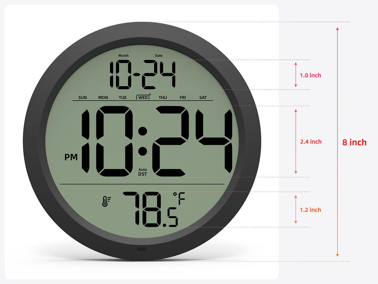 Digital Wall Clock with Date, Indoor Temperature, Auto-DST, Battery-Operated Digital Clock, 8 Inch Small Decorative Wall Clock for Bedroom, Living Room, Home, Kitchen, Office, Modern, Electric, Simple