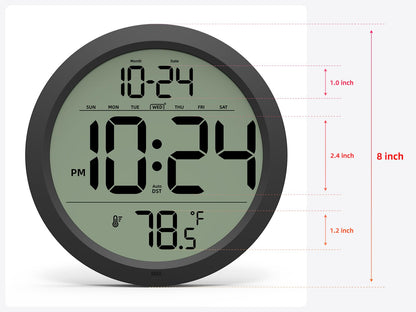 Digital Wall Clock with Date, Indoor Temperature, Auto-DST, Battery-Operated Digital Clock, 8 Inch Small Decorative Wall Clock for Bedroom, Living Room, Home, Kitchen, Office, Modern, Electric, Simple