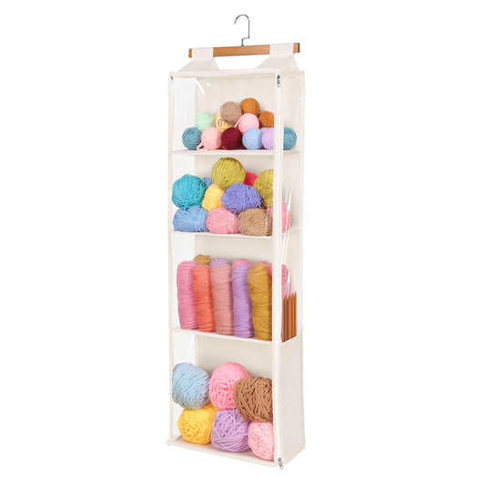 Univivi Hanging Yarn Storage Organizer with 4 Clear Compartments & Side Knitting Needles Pocket, Hanging Yarn Holder for Crochet Lovers (Beige)
