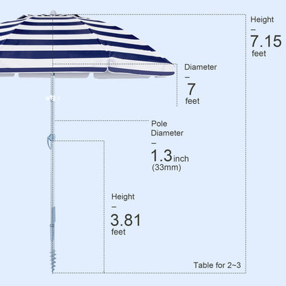 Tempera Heavy Duty High Wind Beach Umbrella with Sand Anchor & Carry Bag | Patio Outdoor Umbrella with Aluminum Frame and Push Button Tilt, Ideal for Garden Lawn, UPF 60+, Blue White Stripe