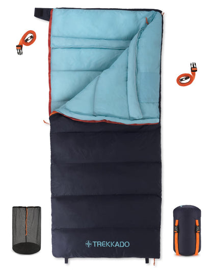 Trekkado DuraHike Lightweight Camping Sleeping Bag for Adults — Roomy Rectangular Comfort, Secure Pad Attachment, Compact & Packable, 10°C / 50°F Comfort – Classic Blue