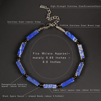 Casvia Men's Lapis Lazuli Chakra Protection Bracelet, Hematite Black Agate Beaded Bracelet, Stainless Steel Adjustable Mens Jewelry | Gift for Father Boyfriend Husband