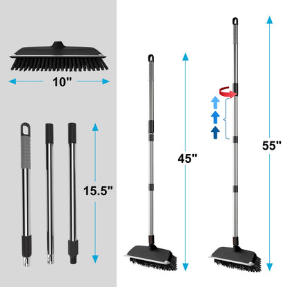 ITTAR Floor Scrub Brush with 55" Long Handle, 10" Wide Stiff Bristles Deck Brush, Stainsless Steel Pole Heavy-Duty Cleaning Brush, 2-in-1 Scrubber with Ruber Squeegee for Deck, Patio, Pool, Tile, Wall