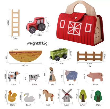Jieruisha Wooden Barn Toy for Toddlers 1-3, Montessori Traveling Farm with Animal Figures & Car Model, Portable Farm Playset Learning Toy, Christmas Birthday Gift for Baby Boys Girls