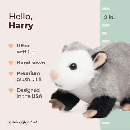Bearington Harry Possum Plush Toy - 9" Realistic Opossum Stuffed Animal with Soft Fur and Lifelike Details - Adorable and Cuddly Opossum Plushies Gift for Kids, Toddlers, and Animal Lovers