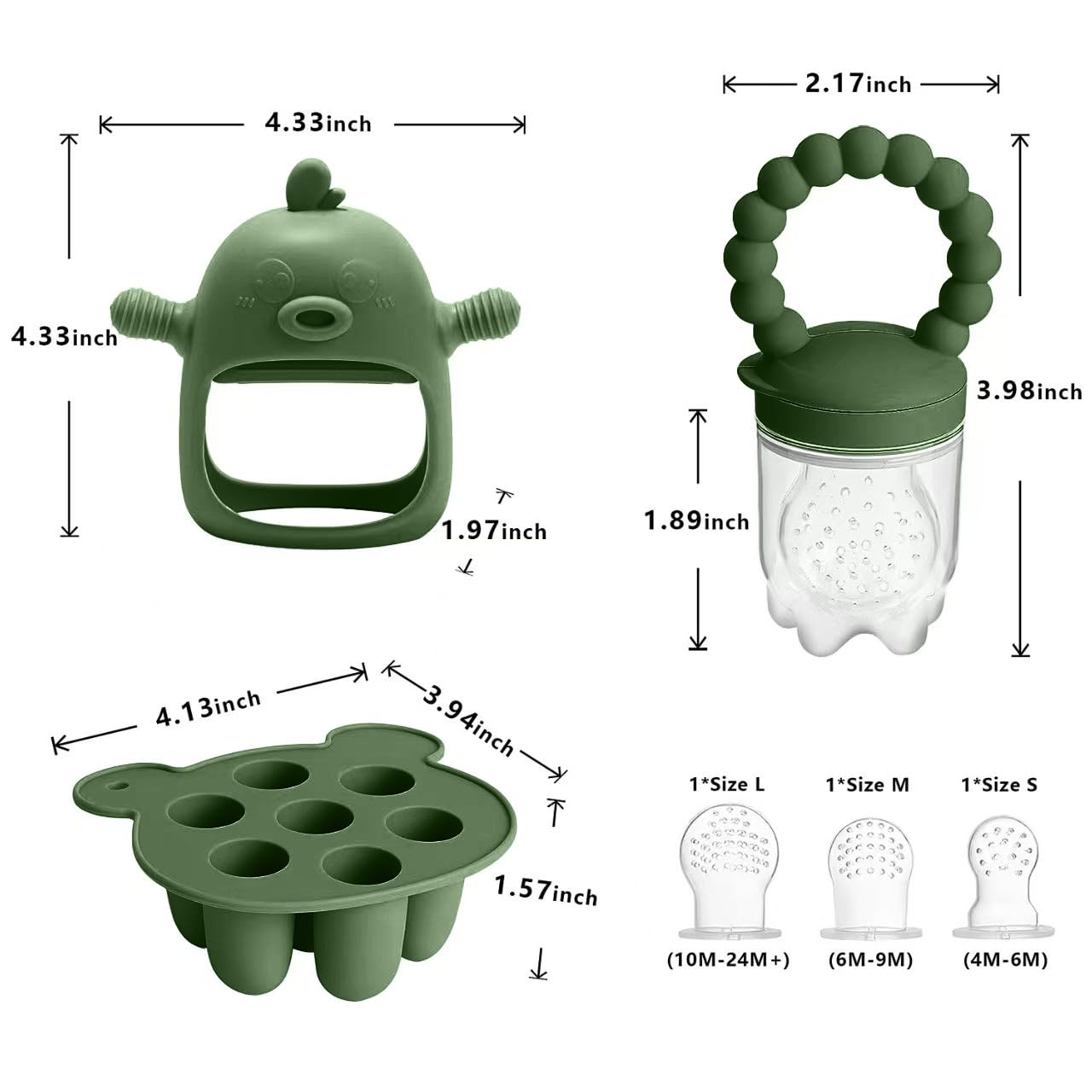 Gedebey 3-in-1 Baby Food & Fruit Feeder Set – Breastmilk Popsicle Mold with Freezer Tray, Teething Relief Toy, BPA Free Infant Silicone Feeding Combo, 3 Bonus Sizes (S/M/L) Sacs (Olive Green)