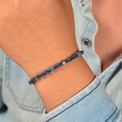 Casvia Men's Lapis Lazuli & Hematite Beaded Bracelet, Handmade Adjustable Stainless Steel Chain, Chakra Jewelry Gift for Dad, Husband, Boyfriend | Hematite Stone Bracelet