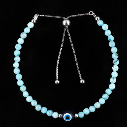 CRYSTALIS Natural Sea Larimar, Pectolite, Evil Eye, Pearl Beads Slider Bracelet for Relationship Protection, Chakra Healing Gemstone, Women Jewelry with 925 Sterling Silver Slider 10 inch