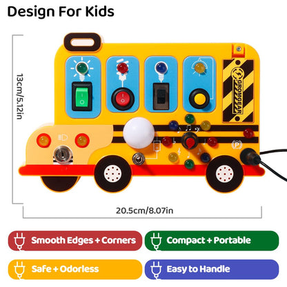 Montessori Board Sensory Toys for Children with LED Light switches, School Bus Shape，Baby fidgeting Board Travel Toys for More Than 18 Months, 18M+Boys and Girls Toddler Toys Gifts,Switch Toy