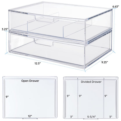 STORi STAX Plastic Stackable Organizer Drawers (Set of 2) Clear | 12.5" Wide | Set Includes One Open Drawer & One Divided Drawer | Organize Office Desk Accessories & Sort Paper | Made in USA