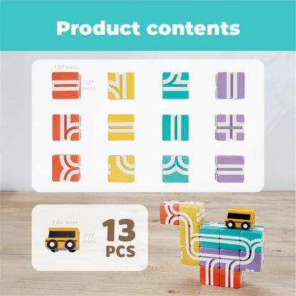 QBI Toy 2 Sets Combo | Happy School Bus & Happy World Play, Magnet Building Tiles, Colorful Blocks Construction Educational STEM Toys with Kids car for 1+ Year Old Boys & Girls (13 pcs+ 9 pcs)