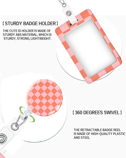 ID Badge Holder with Retractable and Detachable Lanyard, Cute Badge Reel Breakaway Lanyard with Carabiner Clip for Teachers, Nurses, Perfect Work and Office(Pink Red Checkerboard)