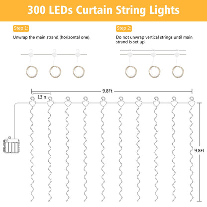 echosari Curtain Lights Battery Operated, 300 LED Fairy Lights 9.8 x 9.8Ft with Timer for Bedroom Wedding Backdrop Indoor Decor (Warm White)
