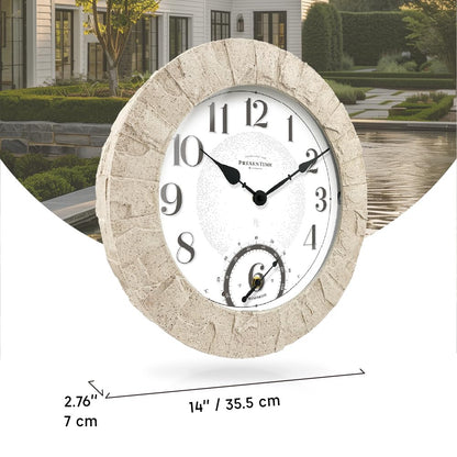 Presentime & Co 14" Illuminated in/Outdoor Clock with Smart Sensor and Night Light, Waterproof, Large Wall Clock with Thermometer & Hygrometer, for Garden and Patio - Coastal Sandstone Finish.