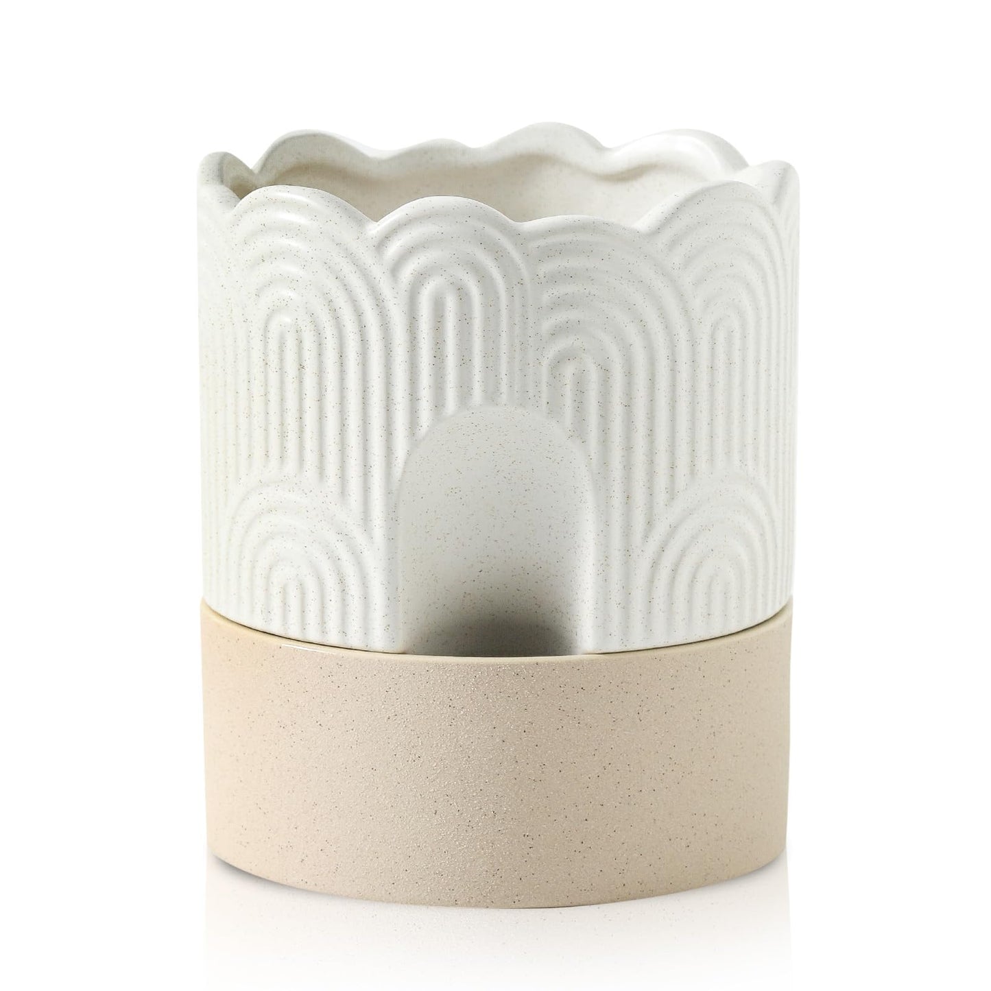 Nihow Self Watering Plant Pot: 6 Inch Ceramic Planter with Drainage Hole & Water Storage Plus - Relief Design Self Watering Pot for Indoor Plants - Beige & Nature Flower Pot