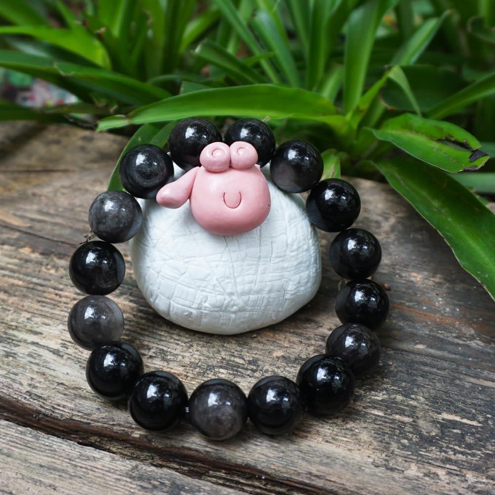TaHLga 12mm Silver Obsidian Crystal Bracelet for Men Women | Natural Root & Third Eye Chakra Stone | Protection & Intuition | Fits for Large Wrist 8-8.5" | Come with Box & Pouch