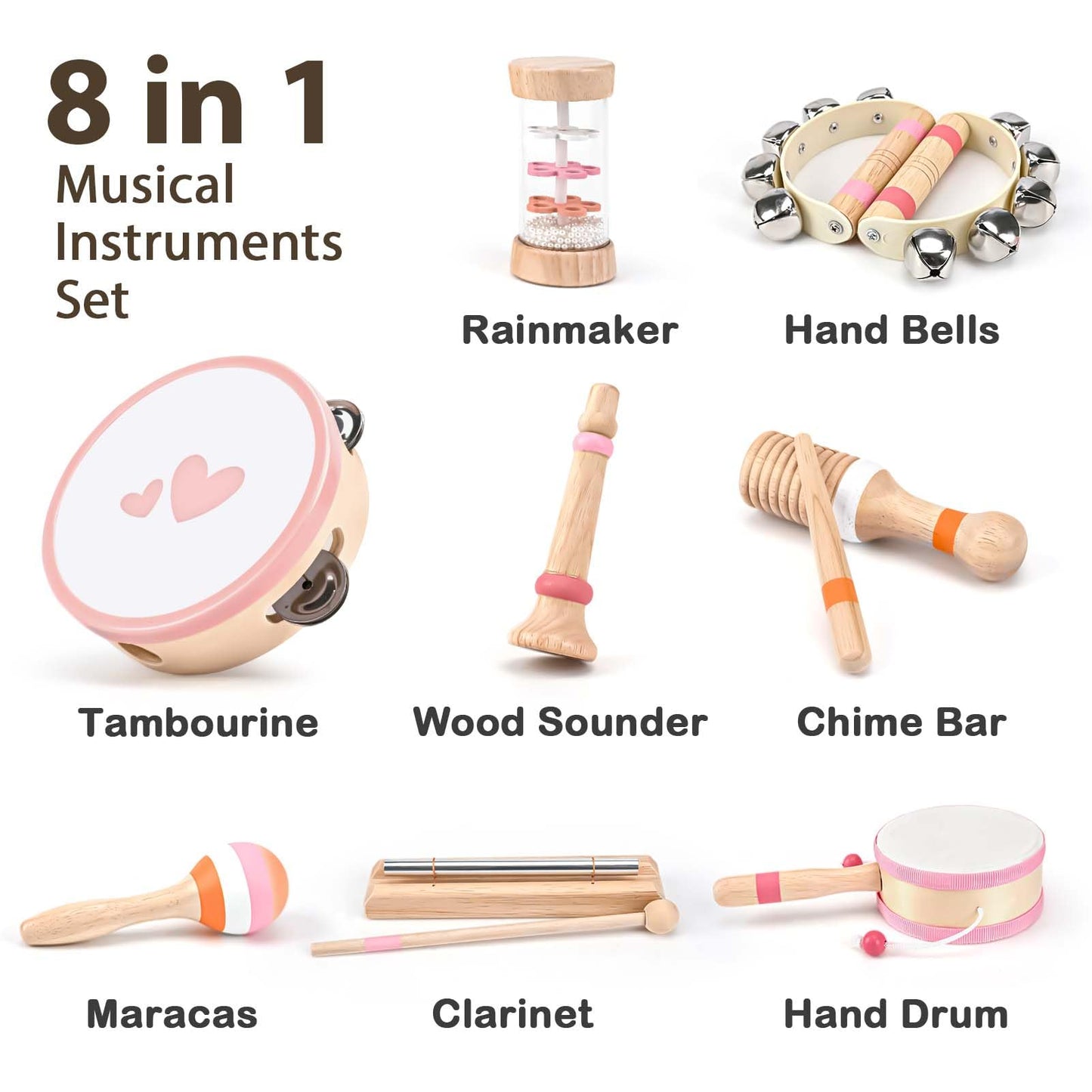Musical Toys for 2 3 Year Old Girl Birthday Gifts, Wooden Montessori Toys for 2 Year Old, 8 in 1 Musical Instruments for Toddlers with Drum/Hand Bells/Flute/Maracas, Preschool Toys for Baby 18+ Months
