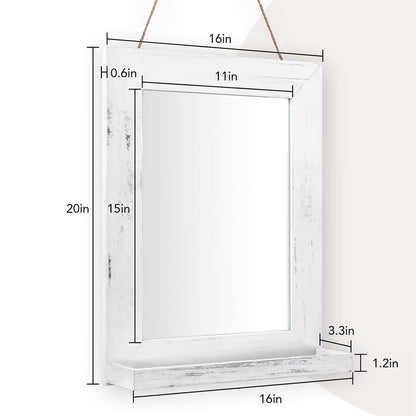 QDSSDECO 16"×20" Wall Mirror with Shelf Farmhouse Decor Rectangular Mirror Hanging for Bathroom, Vanity, Bedroom, Entryway, Living Room,White with Hemp Rope