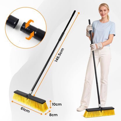 TOMAIX 24 Inches Push Broom Outdoor，Commercial Broom Brush，Stiff Bristle Brush with 61.8 inches Long Handle for Patio Garage Deck Street Shop Warehouse Lawn Driveway -2 Pack