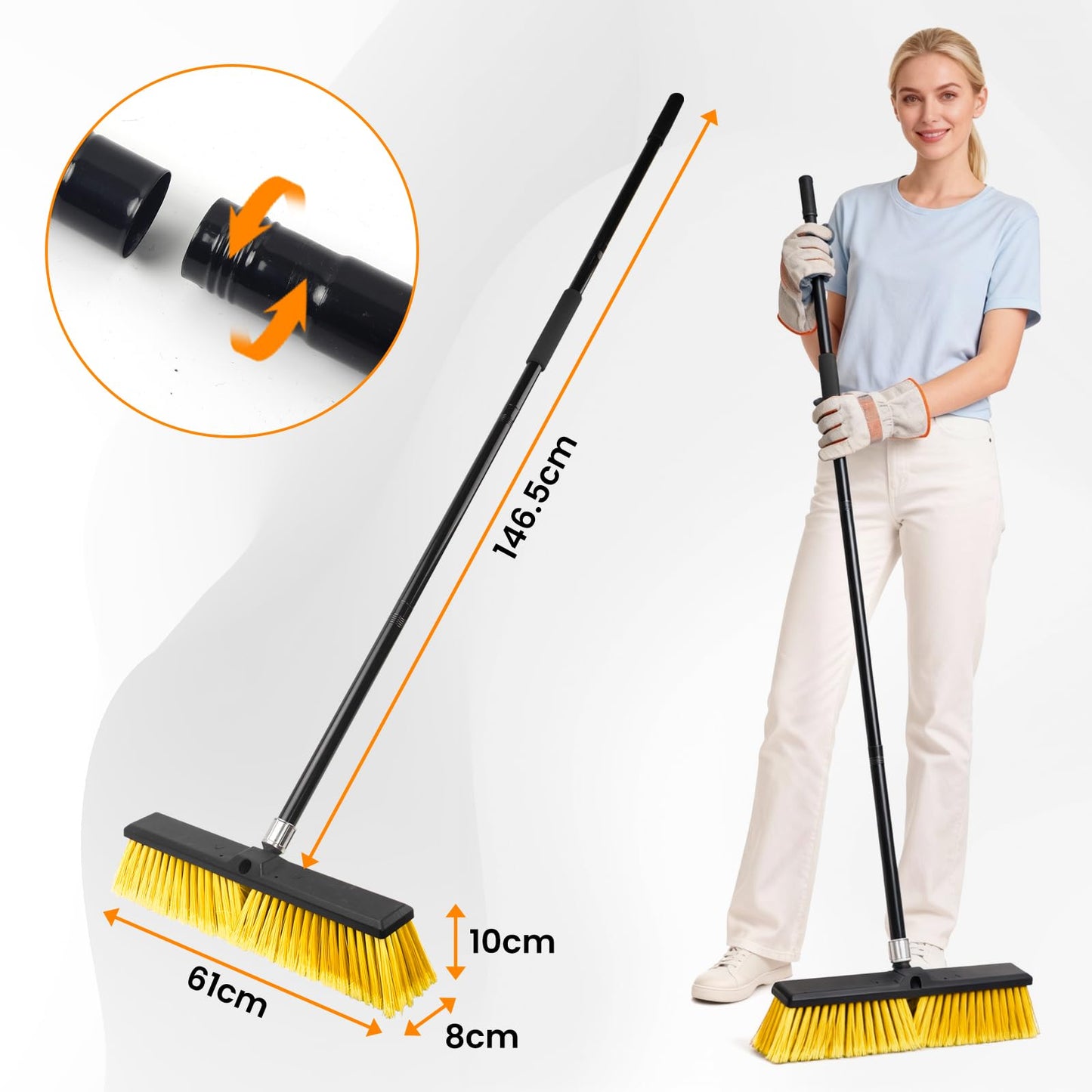 TOMAIX 24 Inches Push Broom Outdoor，Commercial Broom Brush，Stiff Bristle Brush with 61.8 inches Long Handle for Patio Garage Deck Street Shop Warehouse Lawn Driveway -3 Pack