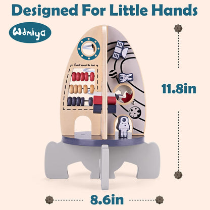 Wdmiya Space Wooden Activity Cube Toys for Baby, Montessoritoys for 1 Year Old Boy & Girl Birthday Gifts, Sensory and Educational 1st Birthday Gifts, Busy Board Toys for Baby Boy 6-18 Months (Rocket)