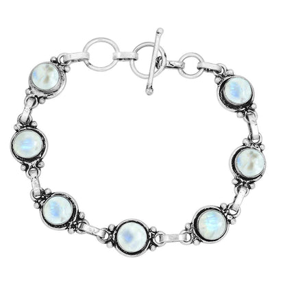 Natural Moonstone 925 Silver Plated Round Gemstone Link Bracelet for Women - White Stone June Birthstone Vintage Style Adjustable Bracelet - Handmade Gifts for Mom Wife Sister Her