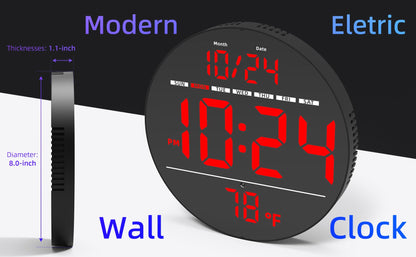 Digital Wall Clock with Large LED Display, Date, Temperature, Auto-Brightness | Small [PLUG-IN] Clock | Modern Electric Wall Clock for Bedroom, Classroom, Living Room, Home, Office, Farmhouse – Red