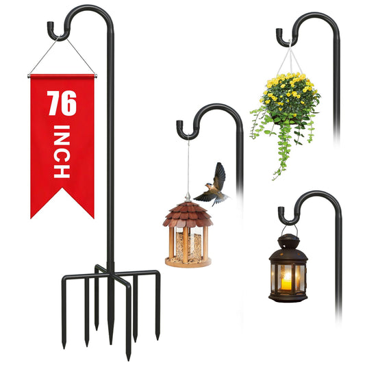 NSITEHALO 1Pack 76 Inch Adjustable Shepherds Hooks for Outdoor, Heavy Duty Shepherds Hook for Bird Feeder with 7 Prongs Base, Metal Plant Hanger Pole for Hanging Baskets, Lanterns, Hummingbird Feeders
